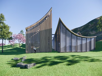 Modern Curved Architectural Building With Wooden Glass Structure Green Lawn Trees And Hillside Background 3d model