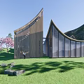 Modern Curved Architectural Building With Wooden Glass Structure Green Lawn Trees And Hillside Background