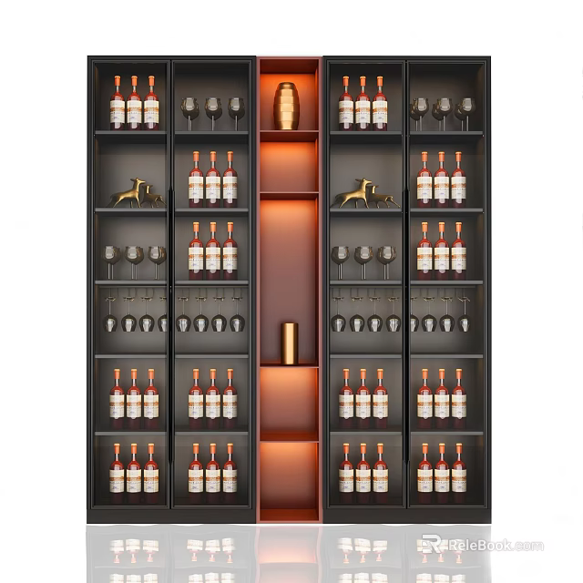 Modern Wine Cabinet With Layered Shelves Wine Bottles Glasses And Built In Lighting 3d model 