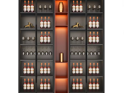 Modern Wine Cabinet With Layered Shelves Wine Bottles Glasses And Built In Lighting 3d model