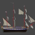 Vintage Sailing Ship With White Sails Blue Black Hull And Flags Design 3d model