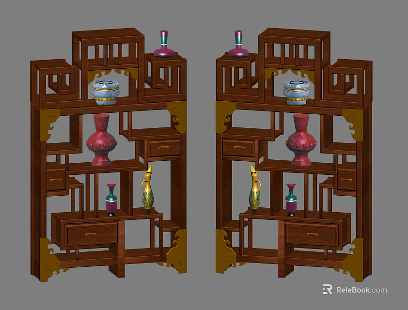Traditional Dark Brown Wooden Chinese Curio Cabinet With Multiple Shelves Drawers And Vases 3d model 