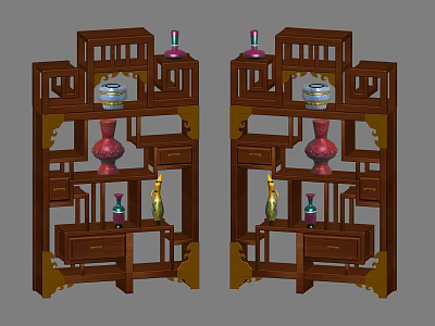Traditional Dark Brown Wooden Chinese Curio Cabinet With Multiple Shelves Drawers And Vases 3d model