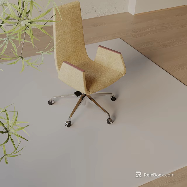 Beige Linen Office Chair With Armrests And Green Plant On Gray Carpet 3d model 