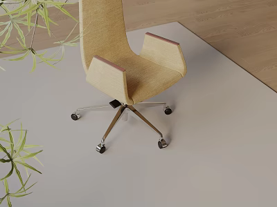 Beige Linen Office Chair With Armrests And Green Plant On Gray Carpet 3d model