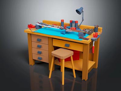 Wooden Workbench With Matching Stool Tools Table Lamp And Paint Cans On Top Below Drawers 3d model