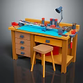 Wooden Workbench With Matching Stool Tools Table Lamp And Paint Cans On Top Below Drawers