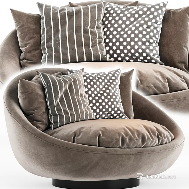 Brown Velvet Single Seater Sofa With Curved Design And Striped Polka Dot Pillows 3d model 