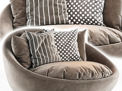 Brown Velvet Single Seater Sofa With Curved Design And Striped Polka Dot Pillows 3d model