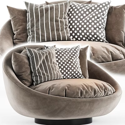 Brown Velvet Single Seater Sofa With Curved Design And Striped Polka Dot Pillows 3d model