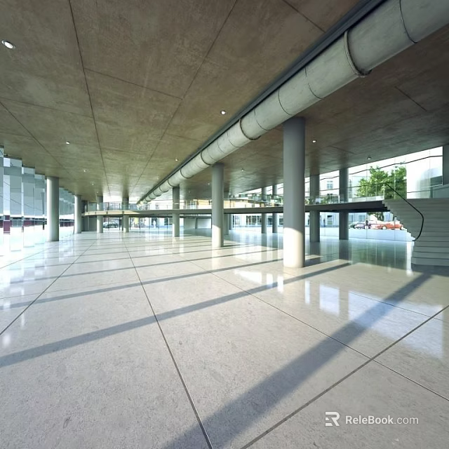 Spacious Front Desk Reception Area With High Ceiling Shiny Floor And Large Columns 3d model 