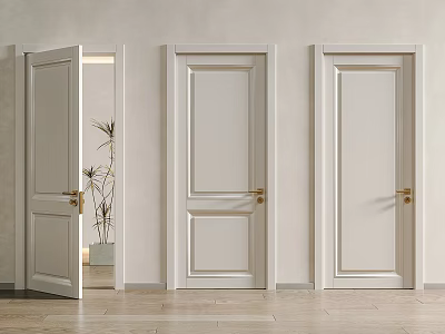 White Interior Flush Doors With Gold Handles And Elegant Panel Design For Home Use 3d model