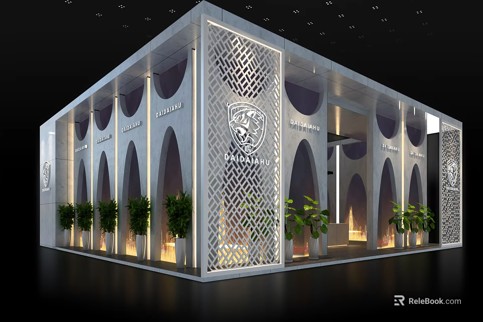 Modern Exhibition Booth Design With Lattice Panels Arched Structures And Potted Plants 3d model 