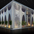 Modern Exhibition Booth Design With Lattice Panels Arched Structures And Potted Plants