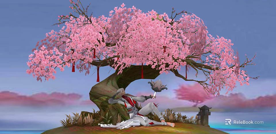 Scenic Landscape Featuring Pink Cherry Blossom Tree Pink Sky Small Pavilion And Calm Water 3d model 