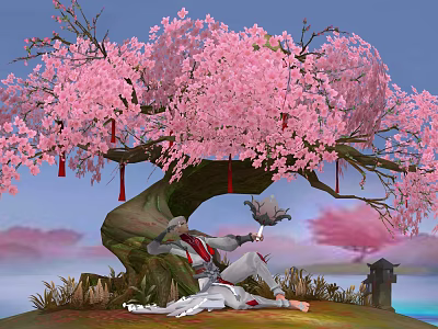 Scenic Landscape Featuring Pink Cherry Blossom Tree Pink Sky Small Pavilion And Calm Water 3d model