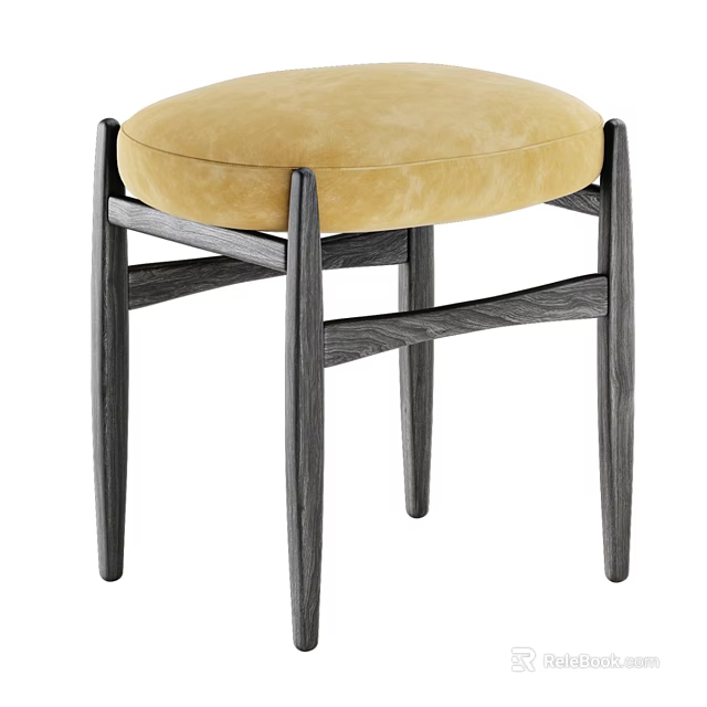 Modern Round Sofa Stool With Soft Yellow Velvet Cushion And Sturdy Dark Solid Wood Legs 3d model 