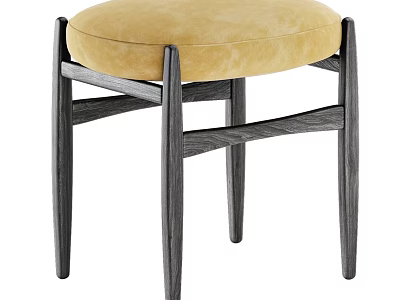 Modern Round Sofa Stool With Soft Yellow Velvet Cushion And Sturdy Dark Solid Wood Legs 3d model