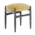 Modern Round Sofa Stool With Soft Yellow Velvet Cushion And Sturdy Dark Solid Wood Legs