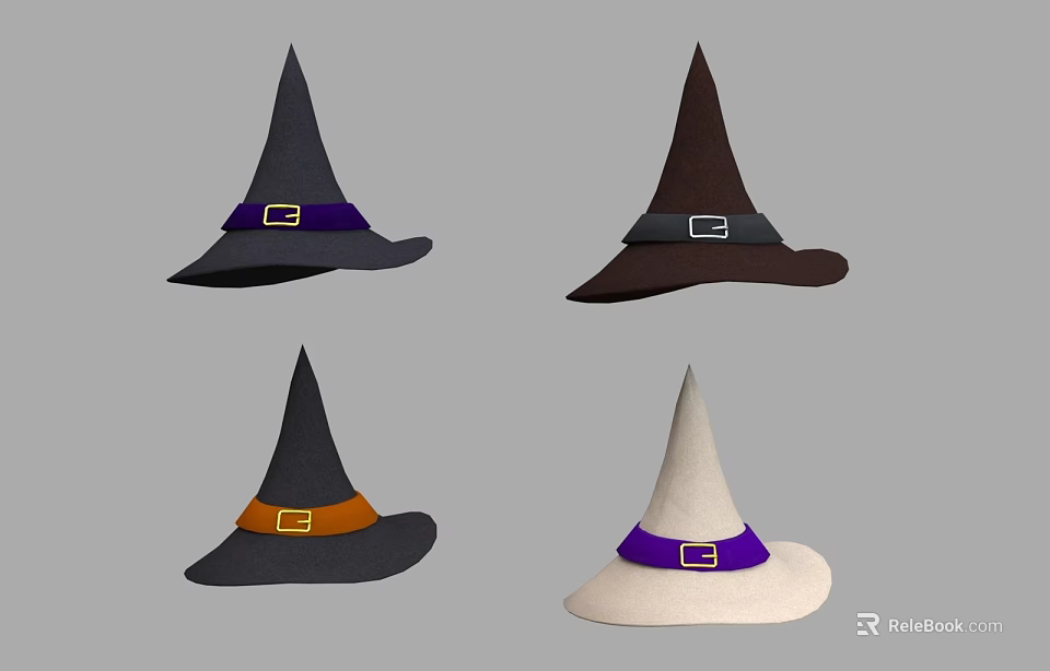 Stylish Witch Hats In Various Colors With Colored Buckled Belts 3d model 