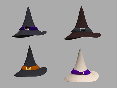 Stylish Witch Hats In Various Colors With Colored Buckled Belts 3d model