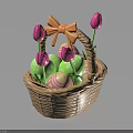 Green Easter Eggs With Pink Polka Dots In Basket Decorated With Pink Tulips Orange Bow