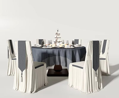 Elegant Dining Table Set With Round Tablecloth Chair Covers Cake And Wine Glasses 3d model