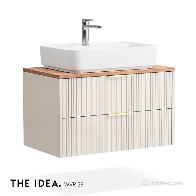 Wall Mounted Bathroom Vanity With White Square Basin Silver Faucet Wooden Countertop And Gold Handles 3d model 