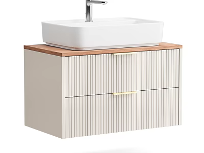 Wall Mounted Bathroom Vanity With White Square Basin Silver Faucet Wooden Countertop And Gold Handles 3d model