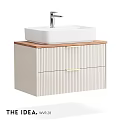 Wall Mounted Bathroom Vanity With White Square Basin Silver Faucet Wooden Countertop And Gold Handles