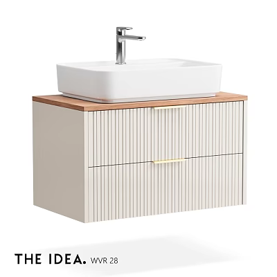 Wall Mounted Bathroom Vanity With White Square Basin Silver Faucet Wooden Countertop And Gold Handles 3d model