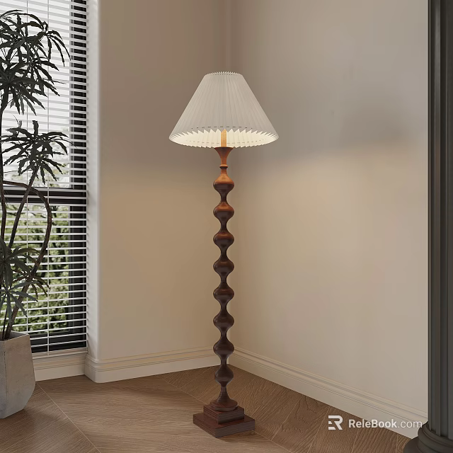 Floor Lamp with Spiral Wooden Base and White Pleated Shade in Room with Potted Plant 3d model 