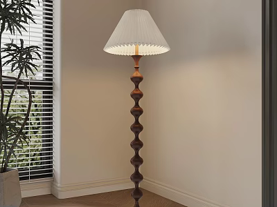 Floor Lamp with Spiral Wooden Base and White Pleated Shade in Room with Potted Plant 3d model