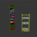 Tall And Short Wooden Bookshelves With Multiple Shelves And Stacked Books