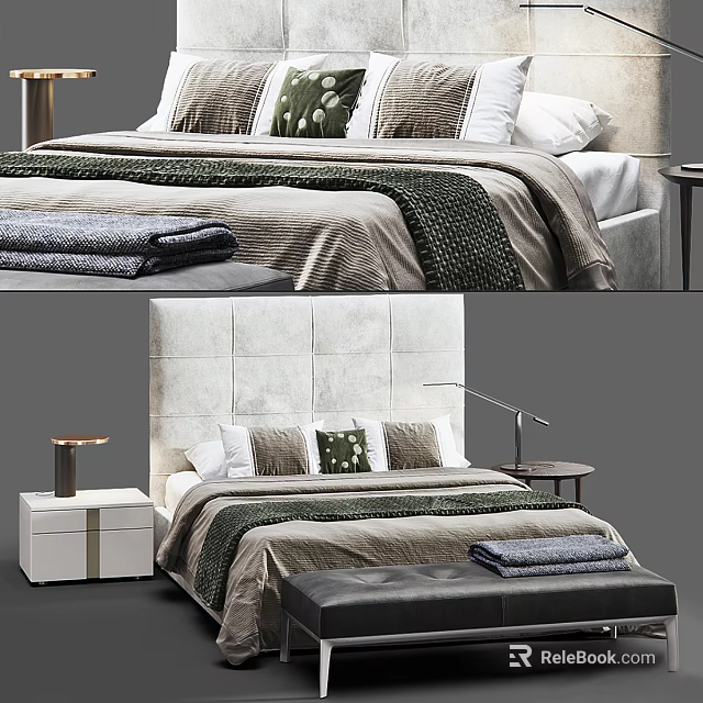 Modern Double Bed With Upholstered Headboard Textured Pillows Nightstand Lamp And Leather Ottoman 3d model 