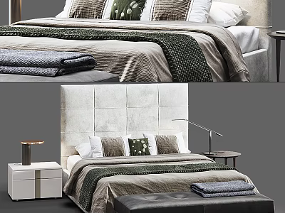 Modern Double Bed With Upholstered Headboard Textured Pillows Nightstand Lamp And Leather Ottoman 3d model