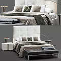 Modern Double Bed With Upholstered Headboard Textured Pillows Nightstand Lamp And Leather Ottoman
