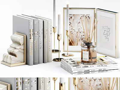 Elegant Modern Decorative Ornament Set With Books Photo Frames Candles And Diffuser For Home Decor 3d model