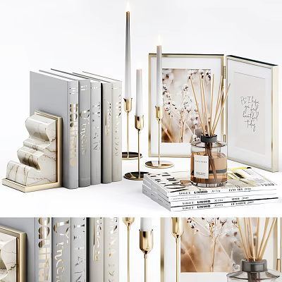 Elegant Modern Decorative Ornament Set With Books Photo Frames Candles And Diffuser For Home Decor 3d model