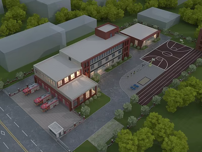 Fire Station Exterior With Red Fire Trucks And Green Surroundings 3d model