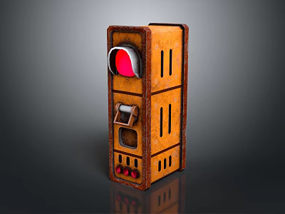 Vintage Brown Vertical Furniture Cabinet With Red Circular Component Coin Slot And Small Red Buttons 3d model