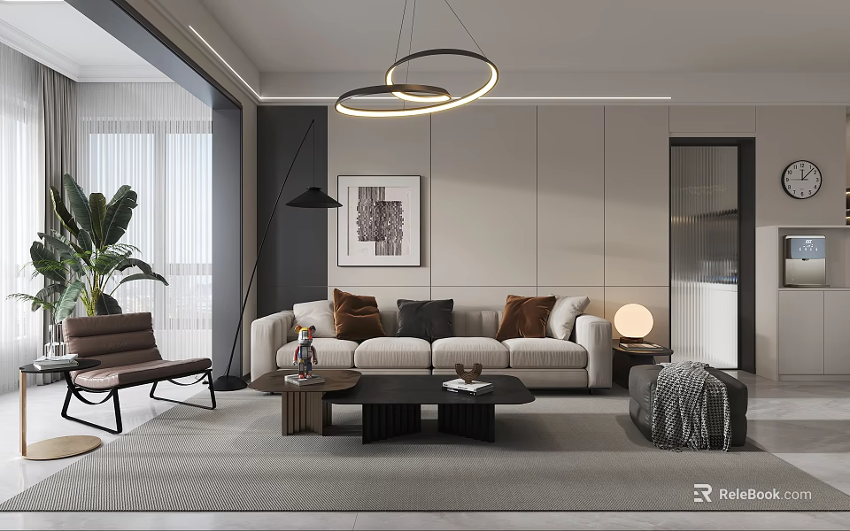 Modern Living and Dining Room Interior With Beige Sofa Coffee Table And Pendant Lights 3d model 