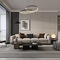 Modern Living and Dining Room Interior With Beige Sofa Coffee Table And Pendant Lights