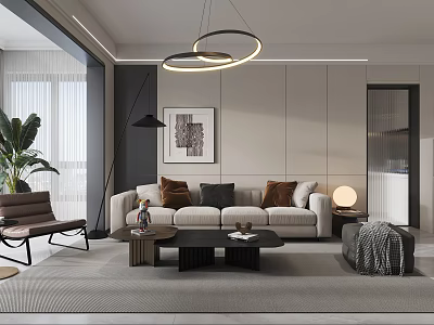 Modern Living and Dining Room Interior With Beige Sofa Coffee Table And Pendant Lights 3d model