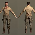 Three Angles View Male Character 3D Model Wearing Brown Shirt Khaki Pants And Boots