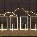 Four Golden Framed Displays With Curved Neon Lights And Transparent Stands On Textured Floor