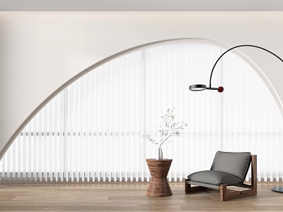 White Blinds In Modern Interior With Curved Window Gray Chair Floor Lamp And Wooden Vase 3d model