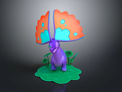 Vibrant Fantasy Purple Creature Character With Orange Blue Wings On Green Plant Base 3d model
