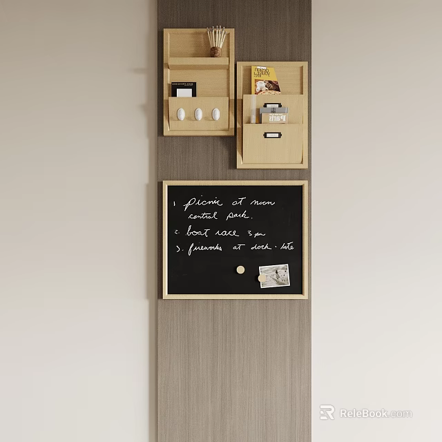 Wall Mounted Organizer With Chalkboard Wooden Drawers And Handwritten Notes Card 3d model 