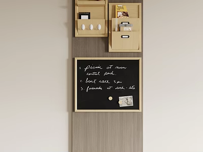 Wall Mounted Organizer With Chalkboard Wooden Drawers And Handwritten Notes Card 3d model